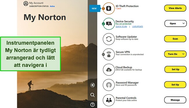 Skärmdump av Nortons My Norton-instrumentpanelsgränssnitt på Windows.