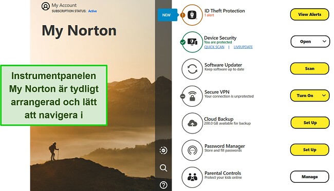 Skärmdump av Nortons My Norton-instrumentpanelsgränssnitt på Windows.