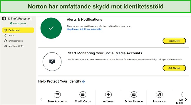 Skärmdump av Nortons instrumentpanel för ID-stöldskydd.