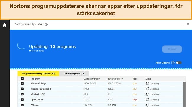 Skärmdump av Nortons Software Updater som uppdaterar 10 program för att skydda mot app-sårbarheter.