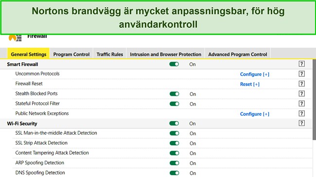 Skärmdump av Nortons brandväggsinställningar som visar hög grad av anpassningsbarhet.