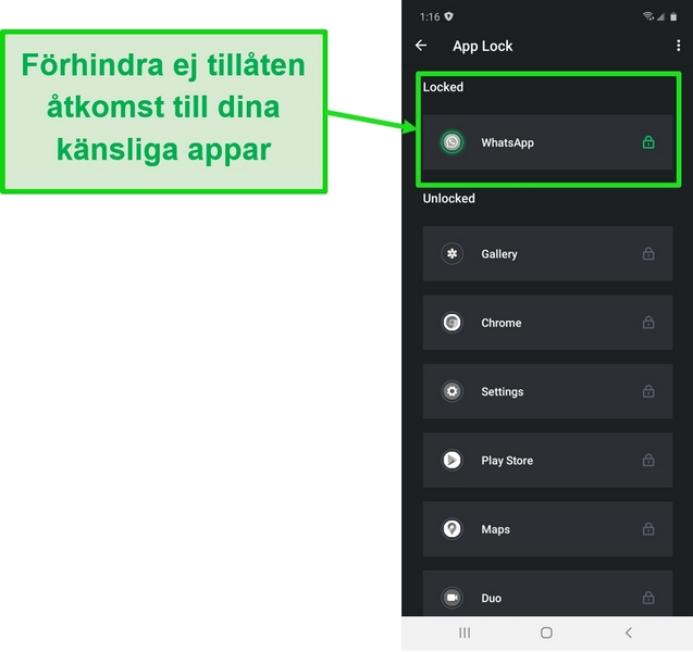 Skärmdump som visar App Lock-funktionen i TotalAVs Android-app