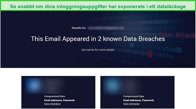 Skärmdump som visar testresultat för dataintrång