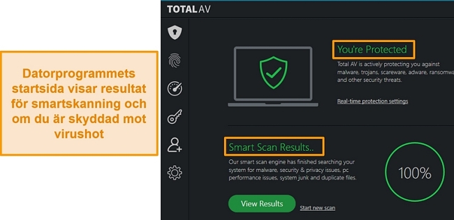 Skärmdump som visar TotalAVs apphemsida på Windows