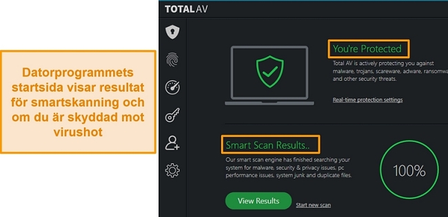Skärmdump som visar TotalAVs apphemsida på Windows