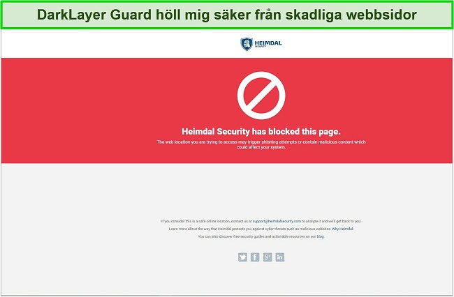 Skärmdump av Heimdal Security som blockerar en skadlig webbplats