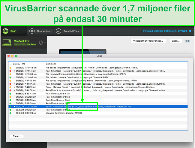 Skärmdump av Intego-virussökningsloggar som visar att den skannade 1,7 miljoner filer på 30 minuter
