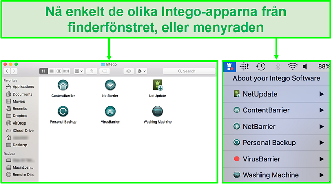 Skärmdump av hur du kommer åt olika Intego-appar från Finder-fönstret eller menyraden