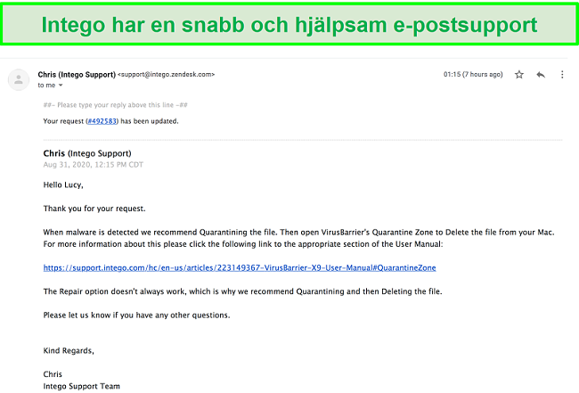 Skärmdump av snabb och hjälpsam e-postkonversation med Integos supportpersonal.