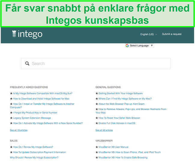Skärmdump av Integos kunskapsbas som visar vanliga frågor och svar