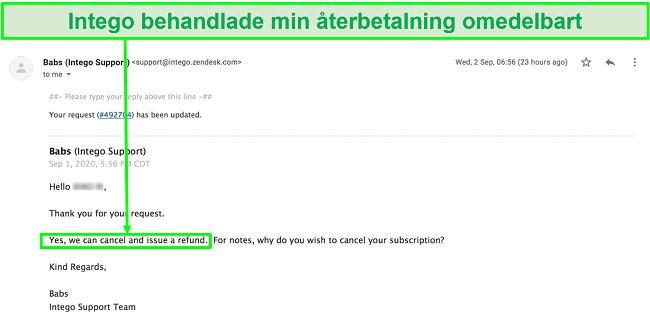 Skärmdump av e-postkonversation med Integos kundsupport omedelbart bearbetar min återbetalningsbegäran utan några frågor.