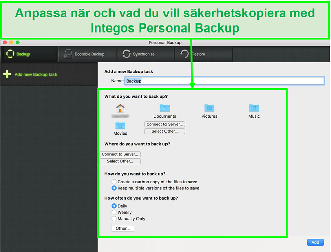 Skärmdump av Integos personliga säkerhetskopieringsgränssnitt med anpassningsbara alternativ för säkerhetskopiering