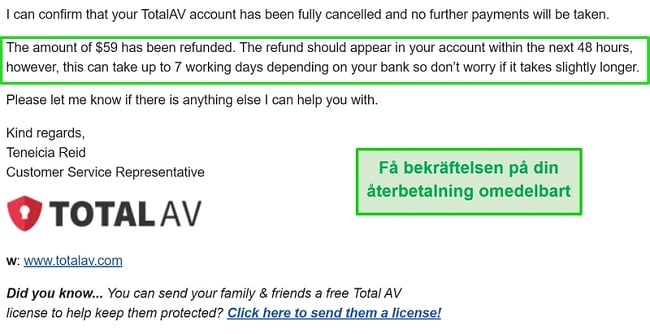 Skärmdump av TotalAV: s e-post för bekräftelse av återbetalning