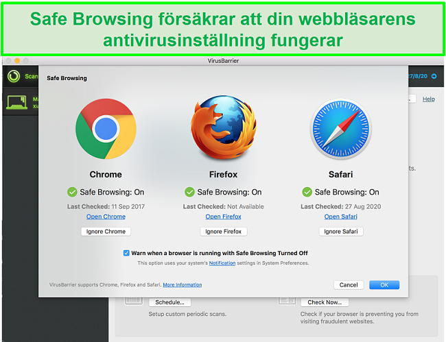 Skärmdump av Intego-gränssnitt som visar olika webbläsare säkert surfläge är aktiverat