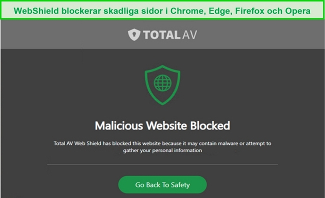 Skärmdump av TotalAVs WebShield som blockerar åtkomst till en skadlig webbplats