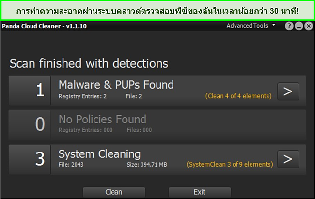 ภาพหน้าจอของฟีเจอร์ Cloud Cleaner ของ Panda พร้อมการสแกนที่เสร็จสมบูรณ์