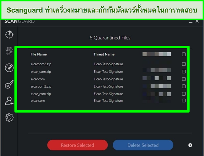 สกรีนช็อตของการกักกันของ Scanguard พร้อมไฟล์ทดสอบมัลแวร์หลายไฟล์