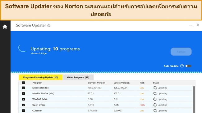 ภาพหน้าจอของ Software Updater ของ Norton อัปเดต 10 โปรแกรมเพื่อป้องกันช่องโหว่ของแอป