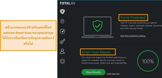 ภาพหน้าจอแสดงหน้าแรกของแอป TotalAV บน Windows