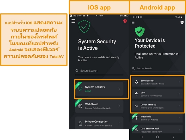 ภาพหน้าจอแสดงความแตกต่างระหว่างแอป iOS และ Android TotalAV