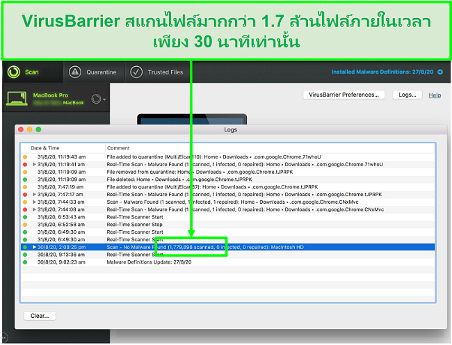 ภาพหน้าจอของบันทึกการสแกนไวรัส Intego ที่แสดงว่าสแกน 1.7 ล้านไฟล์ใน 30 นาที