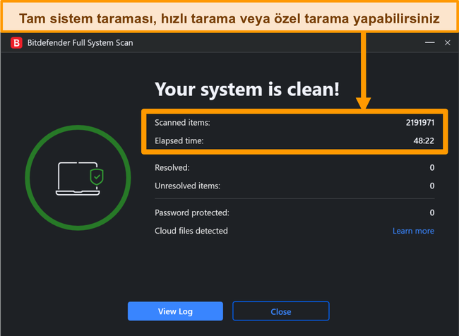 Tamamlanmış bir Bitdefender sistem taramasının ekran görüntüsü.