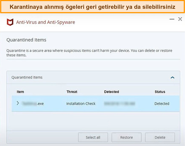 McAfee Quarantine özelliğinin ekran görüntüsü