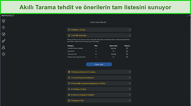 Bulunan tüm tehditlerin veya önerilerin bir listesini veren Smart Scan'i çalıştırdıktan sonra PC Protect'in ekran görüntüsü.