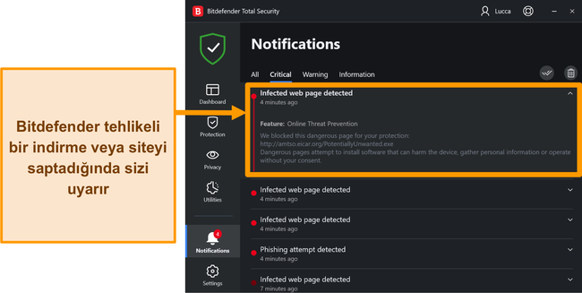 Bitdefender masaüstü tehdit bildirimleri.