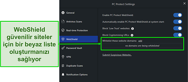 Sizi çevrimiçi korumaya yardımcı olmak için PC Protect'in WebShield ayarlarının ekran görüntüsü.