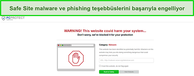 PC Protect'in Güvenli Sitesinin bir kötü amaçlı yazılım girişimini başarıyla engelleyen ekran görüntüsü.