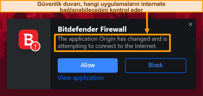 Bitdefender güvenlik duvarı bildiriminin ekran görüntüsü.