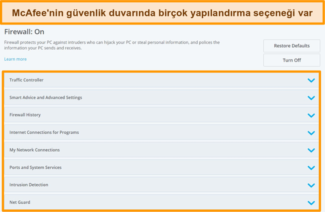 McAfee Firewall özelliklerinin ekran görüntüsü