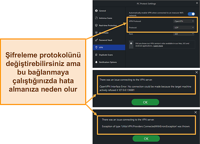 PC Protect'in Güvenli Tarama VPN hatalarının ve şifreleme protokollerinin ekran görüntüsü.