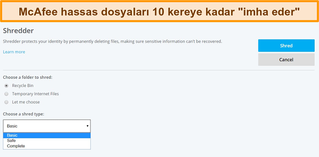 McAfee Shredder özelliğinin ekran görüntüsü