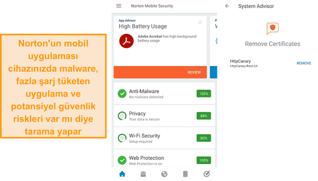 Norton Mobile güvenlik uygulamasının ekran görüntüsü.