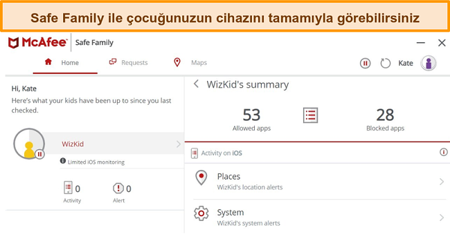 İPhone'a bağlı McAfee Safe Family ebeveyn denetimi özelliğinin ekran görüntüsü