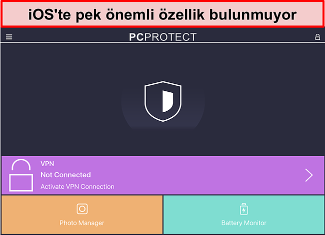 PC Protect'in herhangi bir gerçek özelliği olmayan iOS uygulamasının ekran görüntüsü.