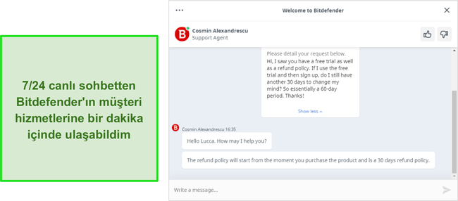 Bir Bitdefender destek temsilcisi ile canlı sohbet görüşmesinin ekran görüntüsü.