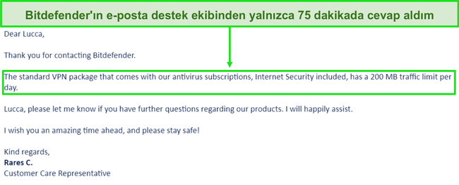 Bitdefender'dan gelen bir destek e-postasının ekran görüntüsü.