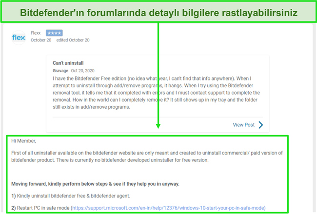 Bitdefender topluluk forumundaki bir başlığın ekran görüntüsü.