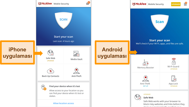 McAfee iOS ve Android arayüzünün ekran görüntüsü