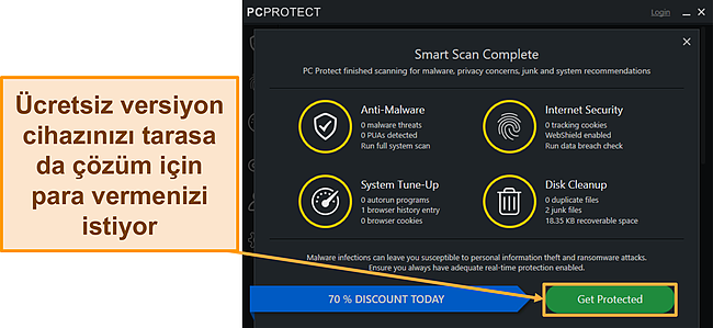 Size yükseltmenizi söylemeden önce bir tarama yapan PC Protect ücretsiz sürümünün ekran görüntüsü.
