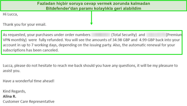 Bir Bitdefender destek temsilcisinden başarılı bir geri ödeme talebi e-postasının ekran görüntüsü.