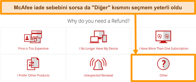 Geri ödeme talebi için bir neden isteyen McAfee müşteri desteğinin ekran görüntüsü