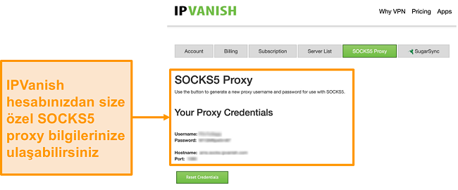 IPVanish'in web sitesindeki ücretsiz SOCKS5 proxy sunucusu kimlik bilgilerinin ekran görüntüsü