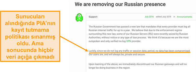 Özel İnternet Erişimi VPN'sinin web sitesinin, PIA'nın Rusya'dan çekilmesinin nedenini açıklayan bir blog yazısı ile ekran görüntüsü