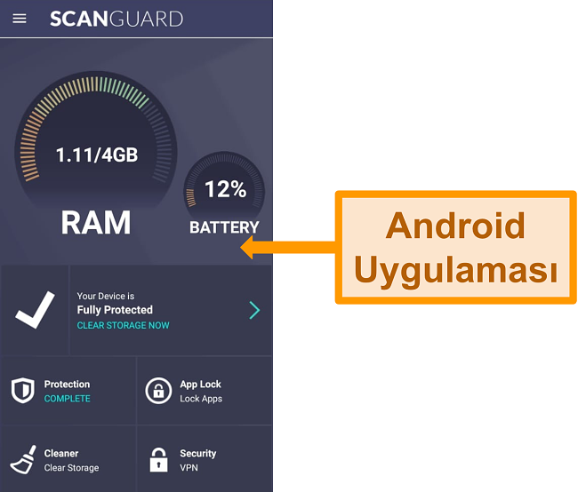 Scanguard'ın Android uygulama arayüzünün ekran görüntüsü.