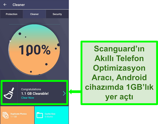 Android'de Scanguard'ın Temizleyici özelliğinin 1 GB'tan fazla yinelenen fotoğrafı temizleyen ekran görüntüsü.