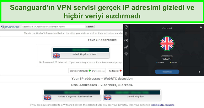 Scanguard'ın VPN'sinin ekran görüntüsü ve veri sızıntısı olmadığını gösteren bir IP sızıntı testi.